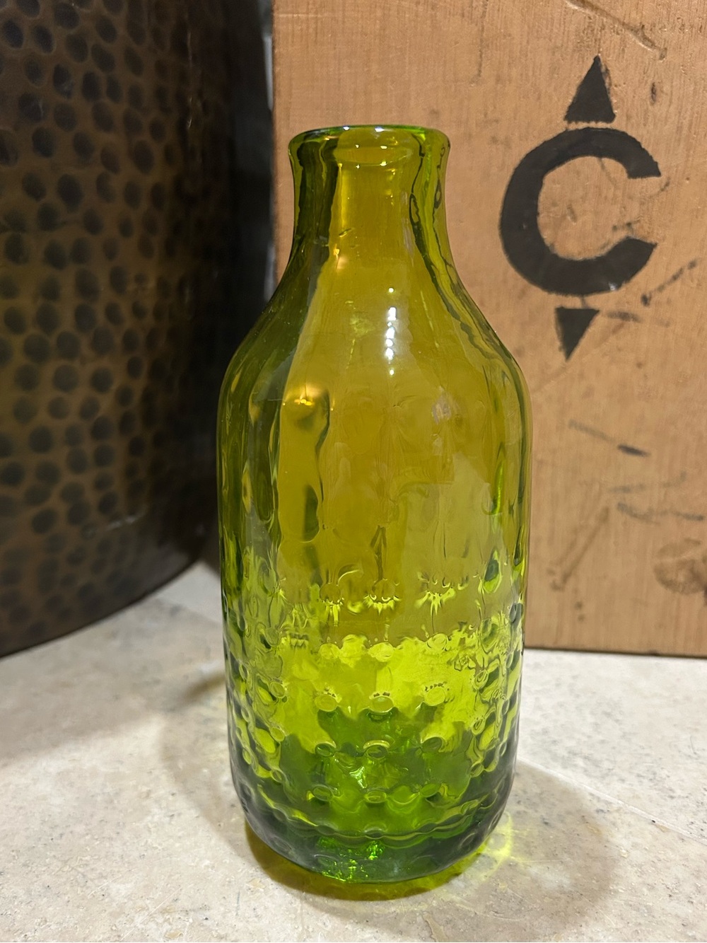 Vintage Hand-blown Green Textured Glass Bottle Vase